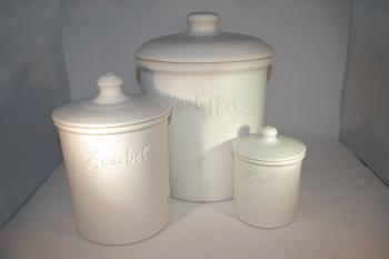 Set weiss matt Kartoffel Zwiebel Knobi grade ohne Henkel